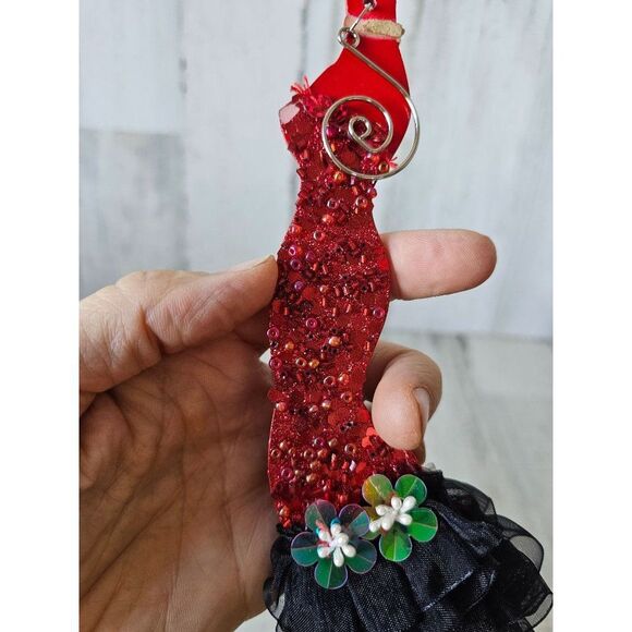 Red evening dress ornament vintage fancy beaded fringe ruffle Xmas tree - Picture 4 of 8